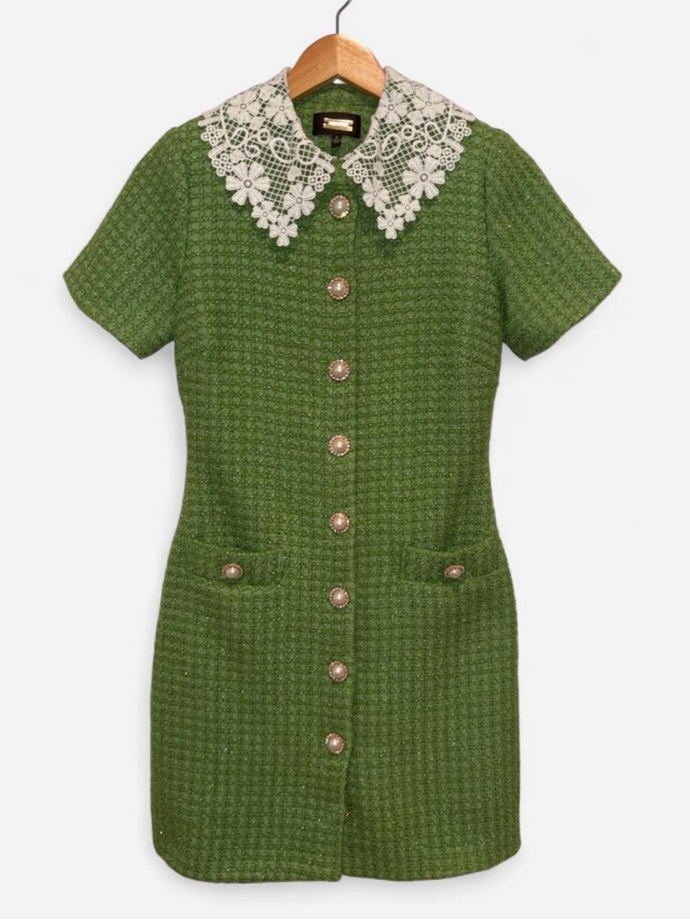 Alexia Admor Green Tweed Dress with White Lace Trim - Picture 3 of 5